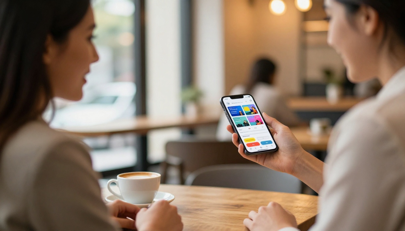 Woman in business casual attire showing a digital product catalog flipbook on her phone to a client at a cafe table