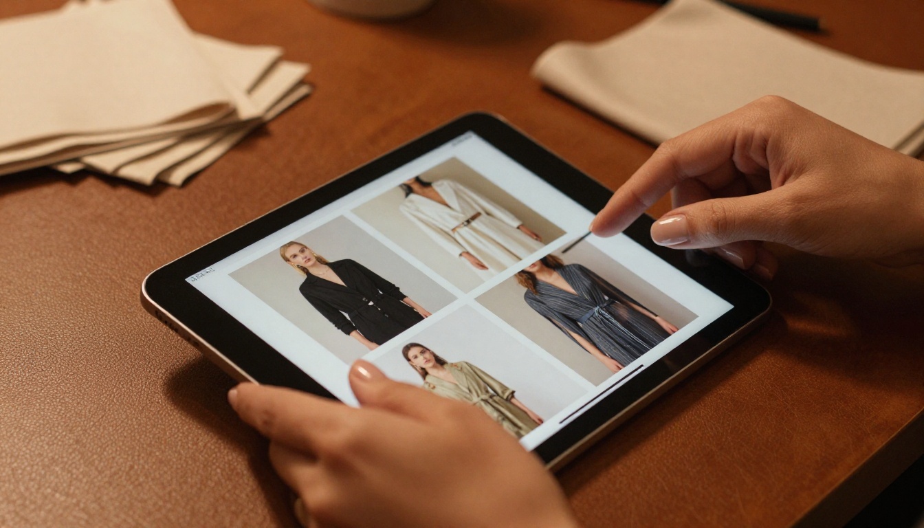 Hands holding a tablet displaying a luxury interactive fashion catalog with page-turning animation Hands holding a tablet displaying a luxury interactive fashion catalog with page-turning animation