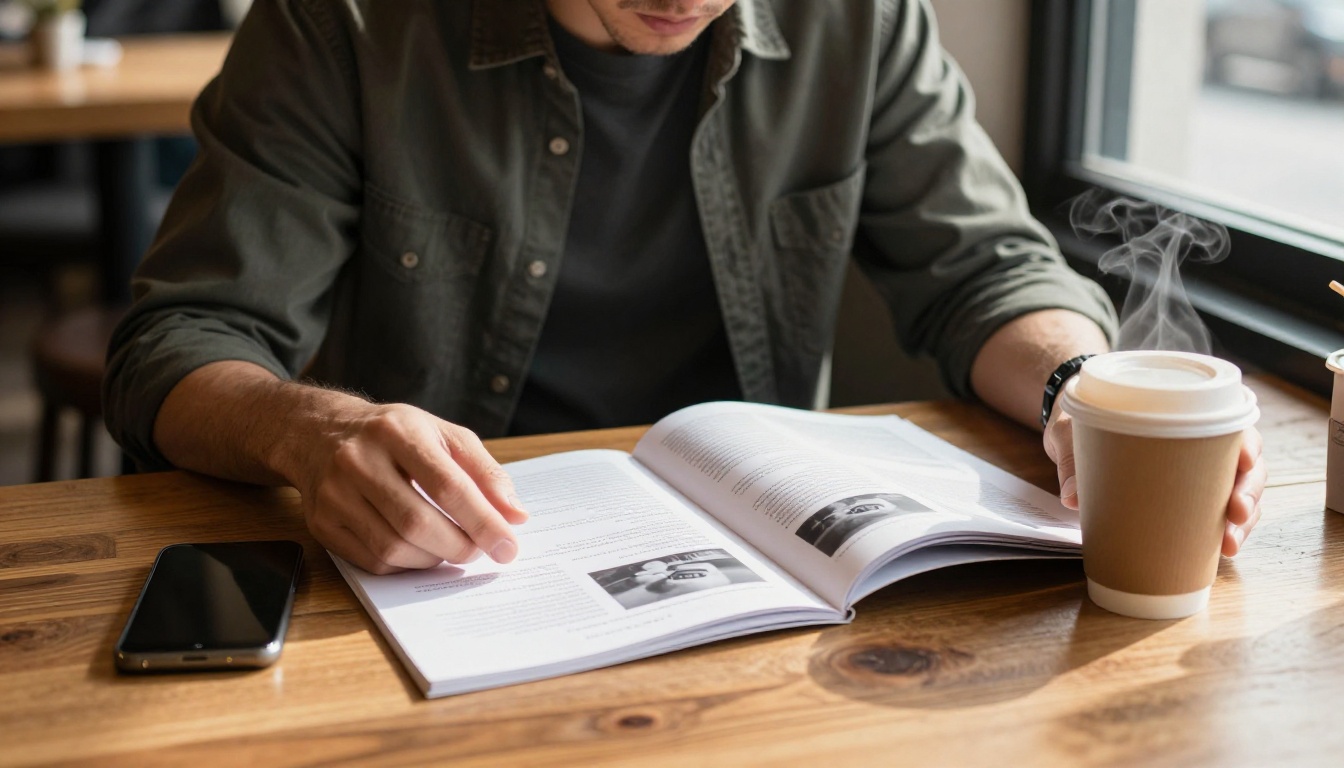 Frustrated customer staring at a flat printed paper catalog at a coffee shop table Frustrated customer staring at a flat printed paper catalog at a coffee shop table