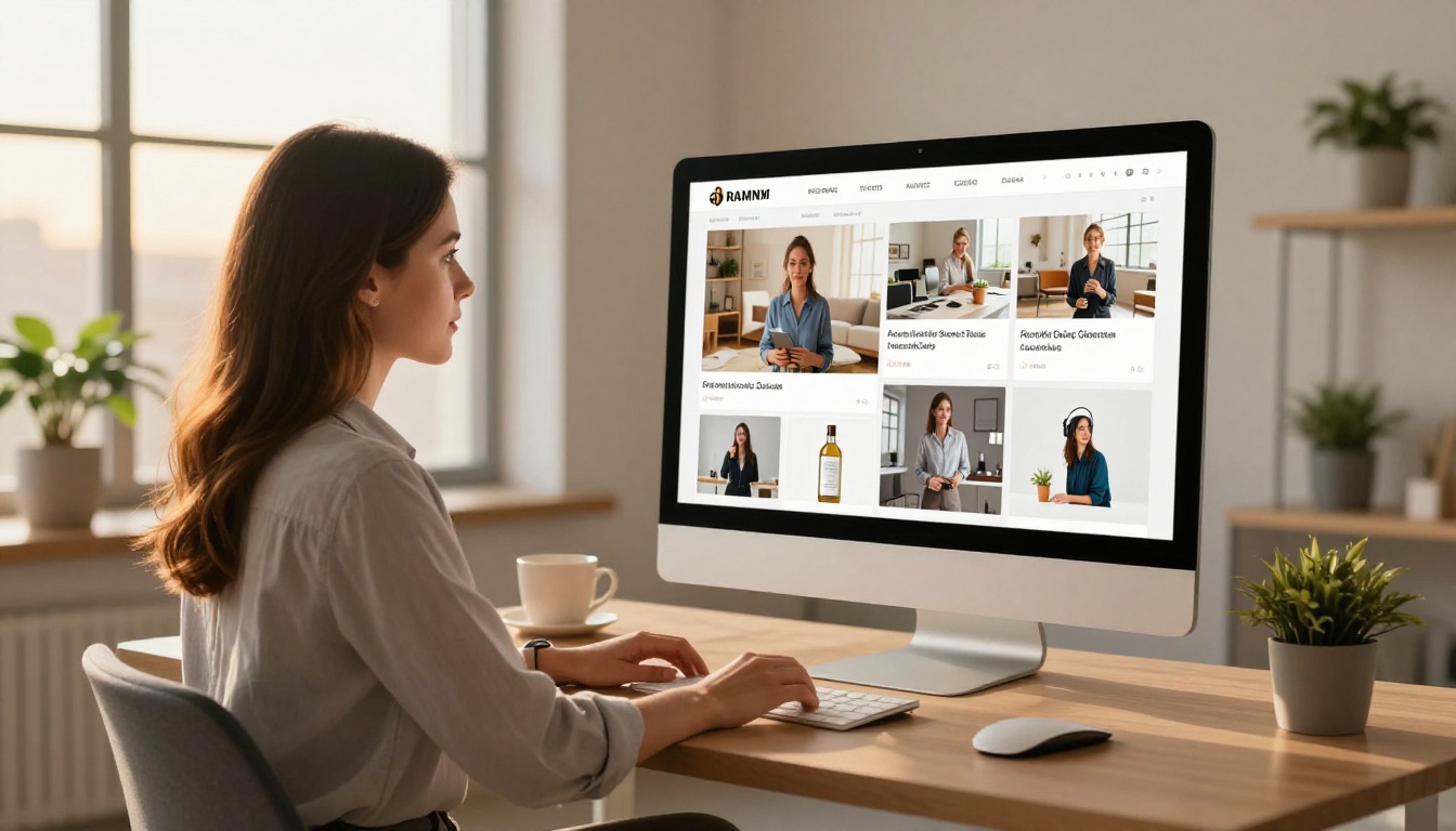 Young professional woman browsing a vivid interactive digital catalog on a large desktop monitor in a bright office setting Young professional woman browsing a vivid interactive digital catalog on a large desktop monitor in a bright office setting