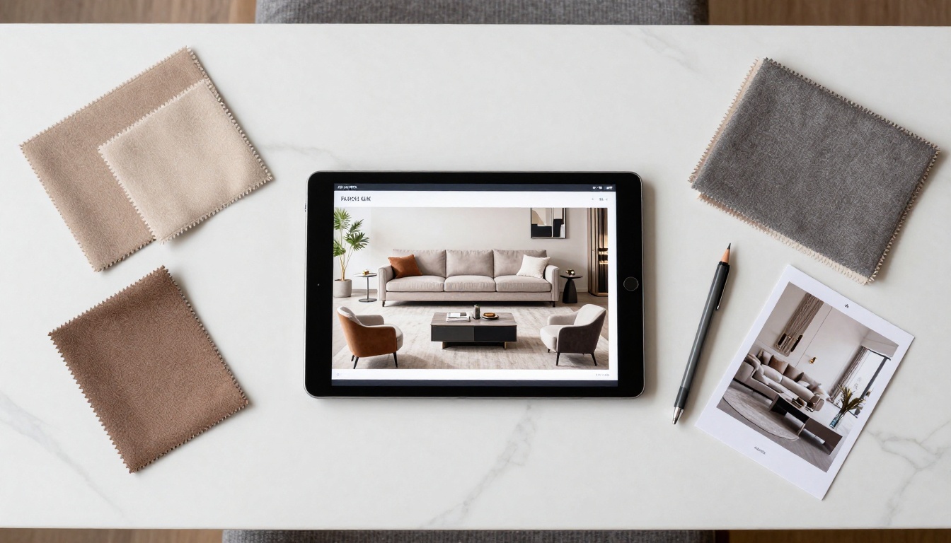 Aerial overhead view of a tablet displaying a luxury furniture catalog surrounded by fabric swatches and mood board clippings on a white marble desk Aerial overhead view of a tablet displaying a luxury furniture catalog surrounded by fabric swatches and mood board clippings on a white marble desk