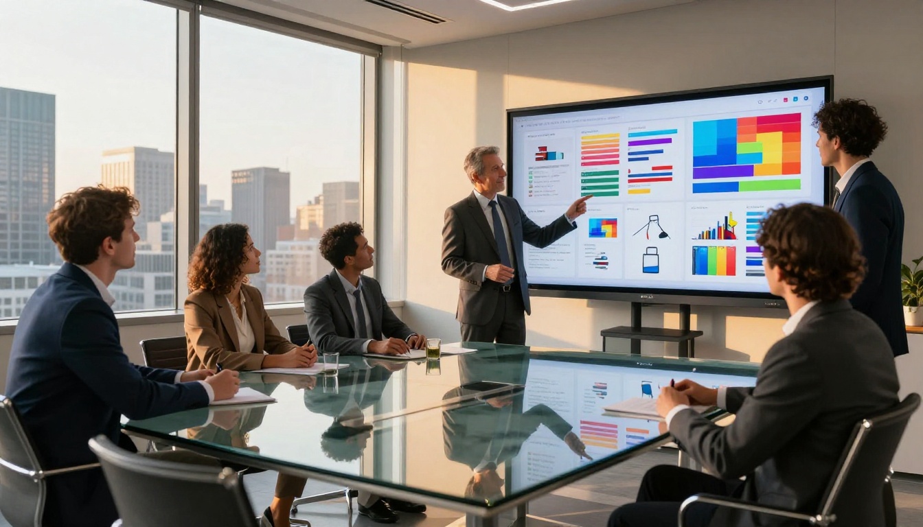 Confident business executive presenting an interactive product catalog on a large wall display to colleagues in a modern glass-walled conference room Confident business executive presenting an interactive product catalog on a large wall display to colleagues in a modern glass-walled conference room