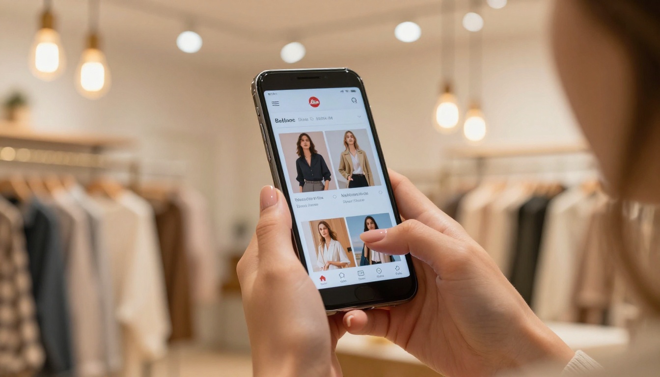 Young woman browsing a vibrant fashion catalog on a smartphone in a boutique store with warm ambient pendant lighting Young woman browsing a vibrant fashion catalog on a smartphone in a boutique store with warm ambient pendant lighting