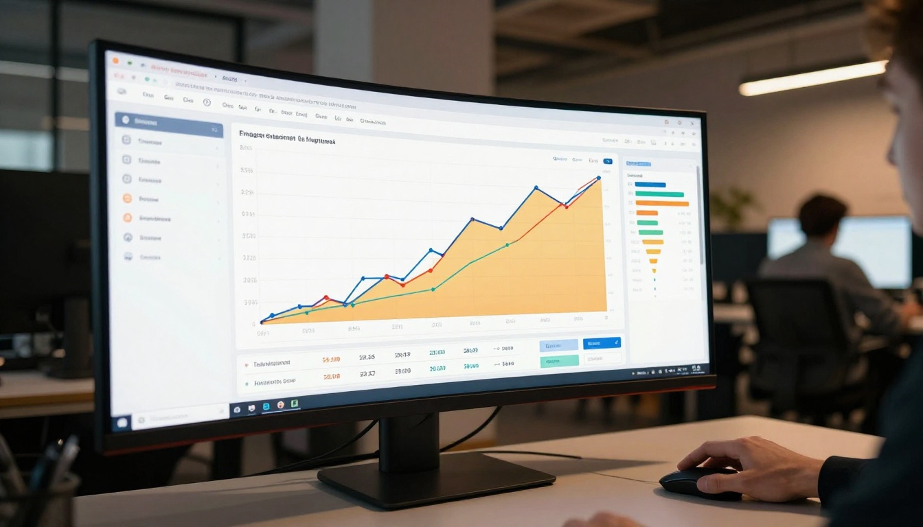 Detailed analytics dashboard displayed on a curved ultra-wide monitor with catalog performance metrics, graphs, and heat maps Detailed analytics dashboard displayed on a curved ultra-wide monitor with catalog performance metrics, graphs, and heat maps