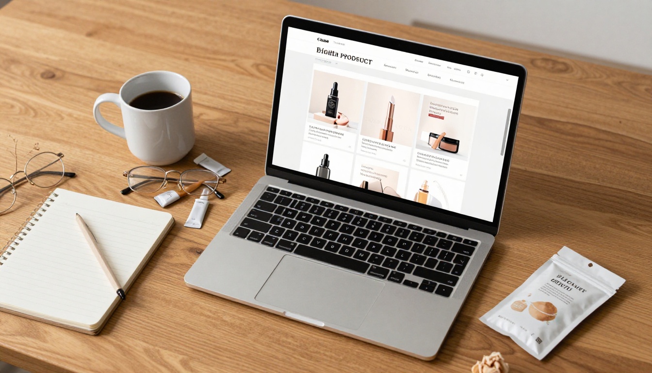 Flat lay overhead view of a laptop showing an e-commerce beauty catalog surrounded by product samples, reading glasses, and a coffee mug on a warm oak desk Flat lay overhead view of a laptop showing an e-commerce beauty catalog surrounded by product samples, reading glasses, and a coffee mug on a warm oak desk