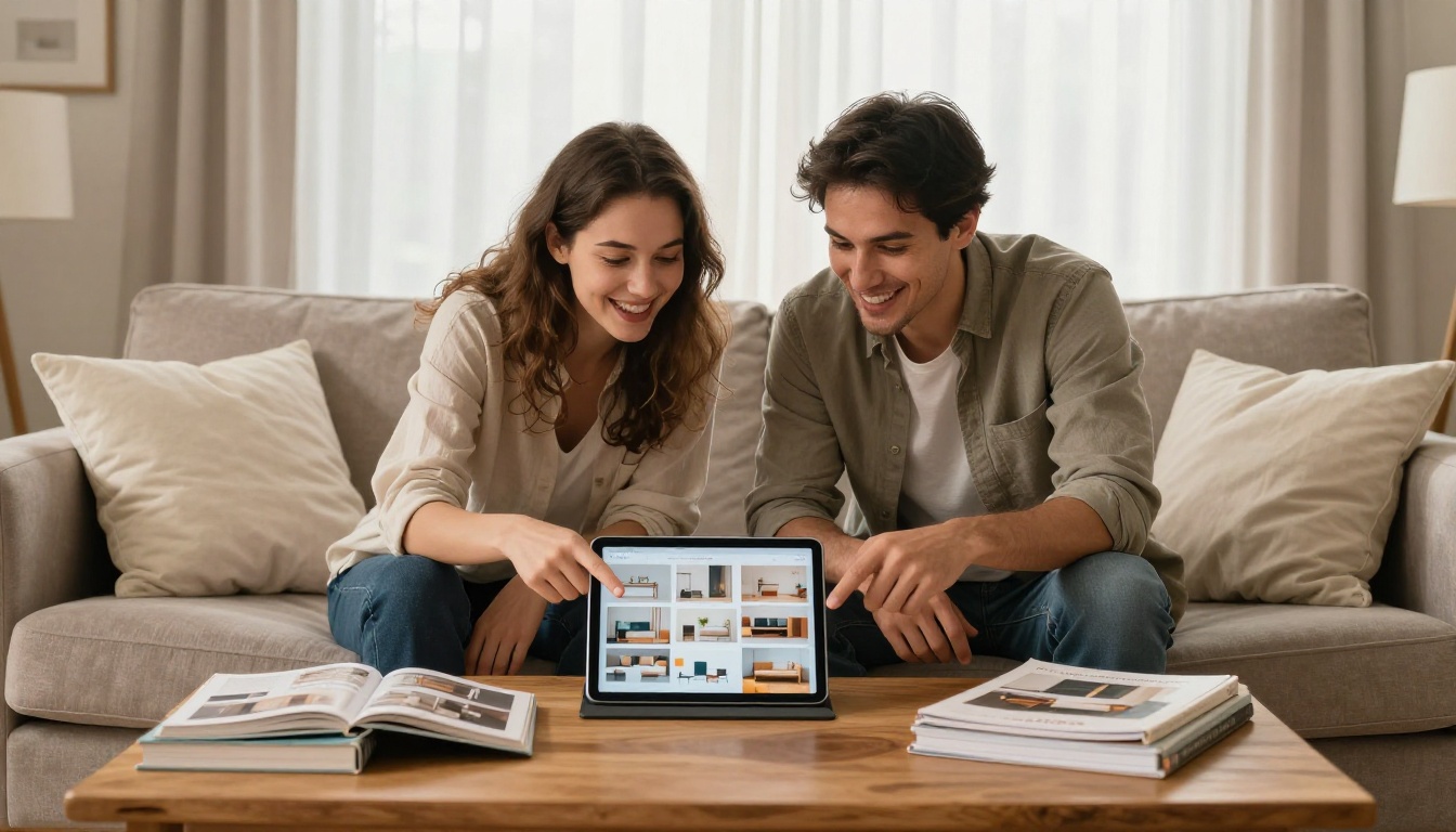 A relaxed young couple sitting on a plush sofa engaged in conversation while looking at a vivid home decor interactive catalog on a tablet propped on their coffee table A relaxed young couple sitting on a plush sofa engaged in conversation while looking at a vivid home decor interactive catalog on a tablet propped on their coffee table