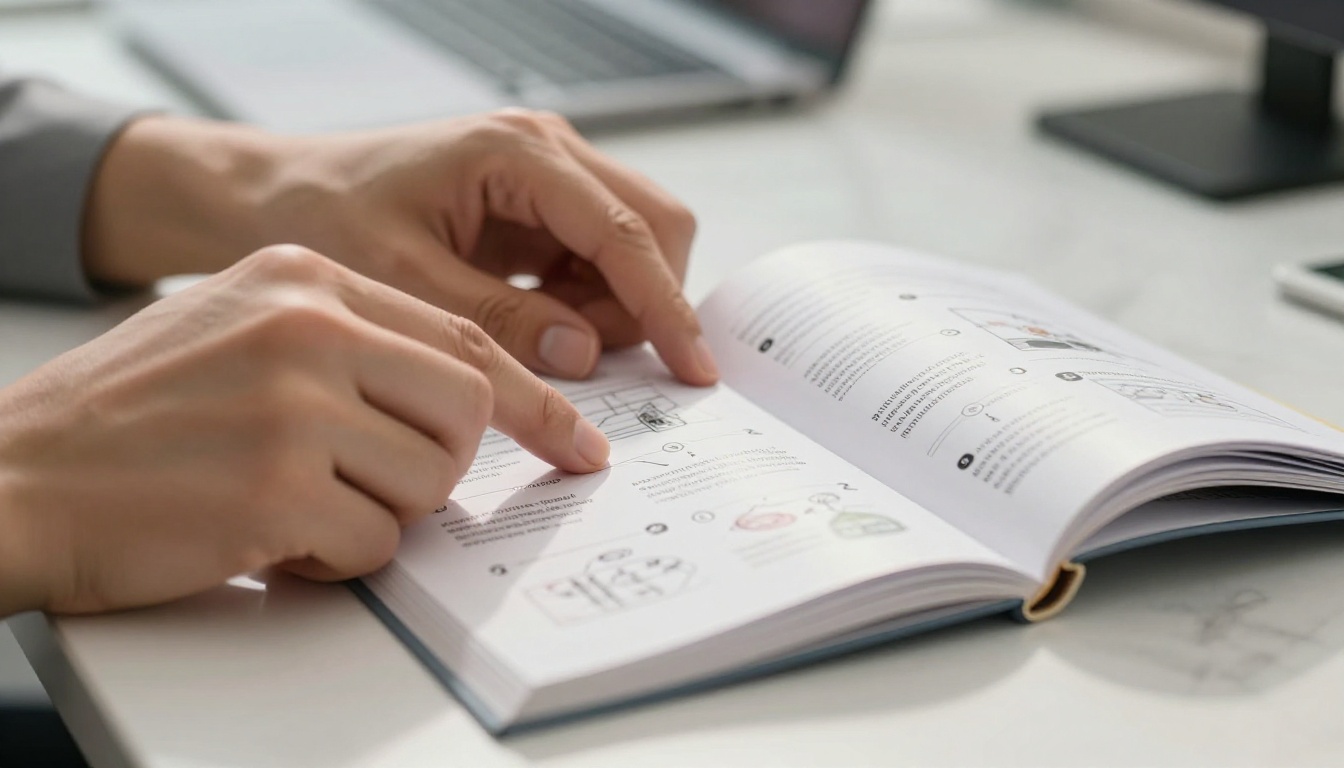 Close-up of hands turning glossy training flipbook pages on white desk