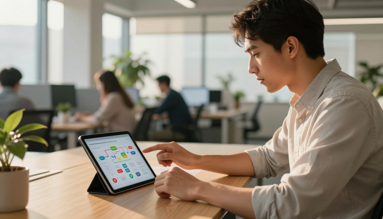 Employee reading interactive training flipbook on tablet in sunlit office