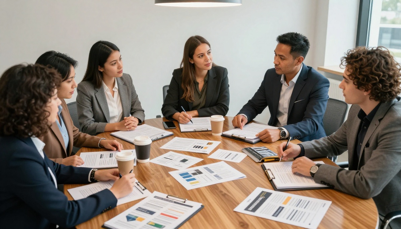 Team collaborating over training materials in modern conference room
