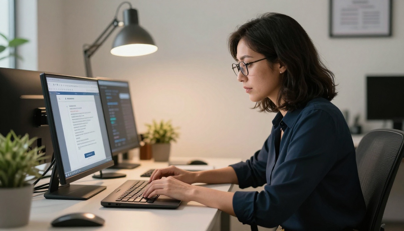 HR manager uploading training PDF to flipbook platform on dual-monitor setup