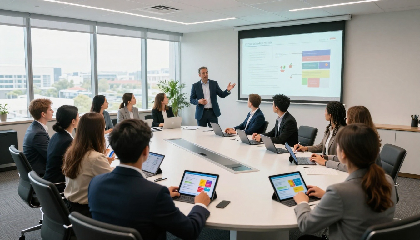 Wide aerial view of corporate onboarding session with employees using tablets
