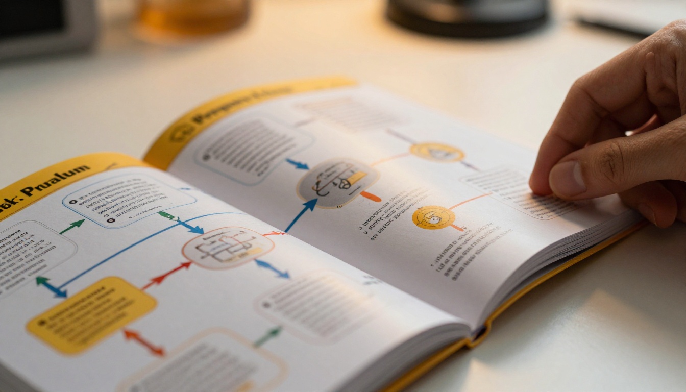 Macro close-up of open flipbook spread showing colorful process flow diagram on glossy paper