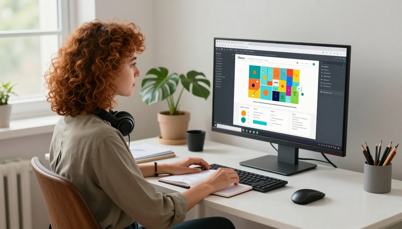 Remote employee accessing training flipbook on large monitor at home office desk