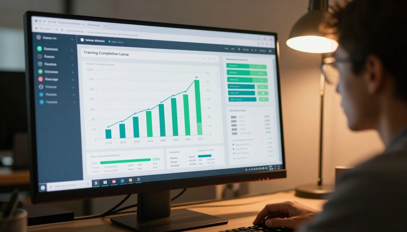 Analytics dashboard showing training completion rates and page interaction data on large monitor