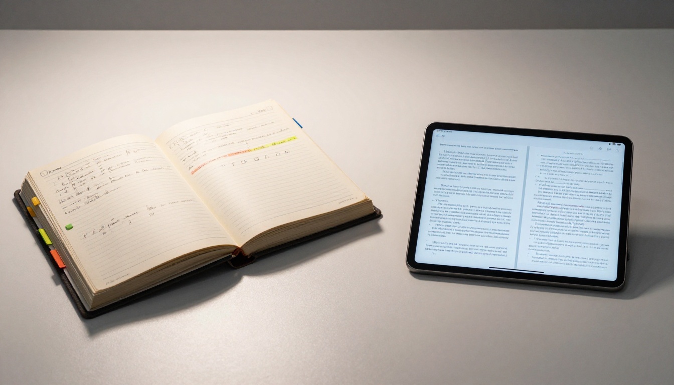 Split comparison of printed training binder versus digital flipbook on tablet