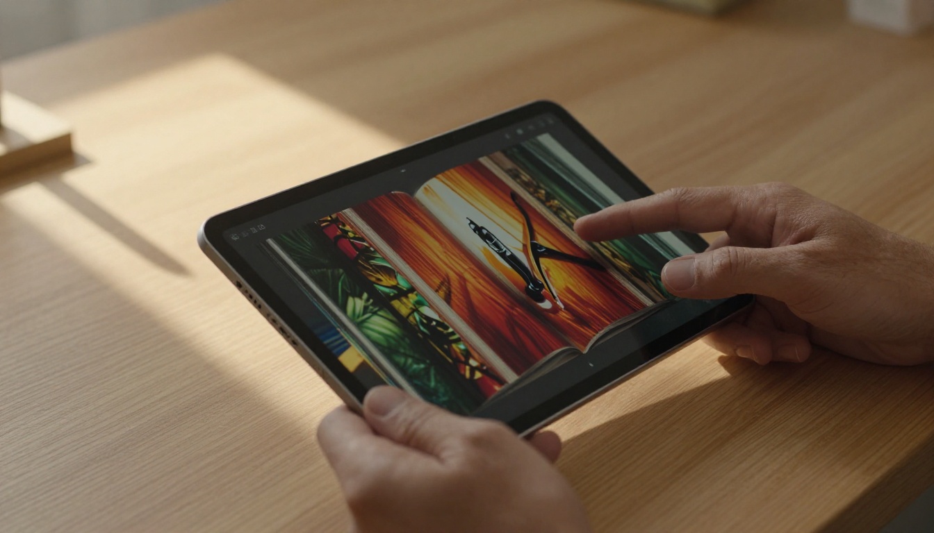 Close-up of hands holding a slim tablet showing a richly designed digital flipbook page-turn effect