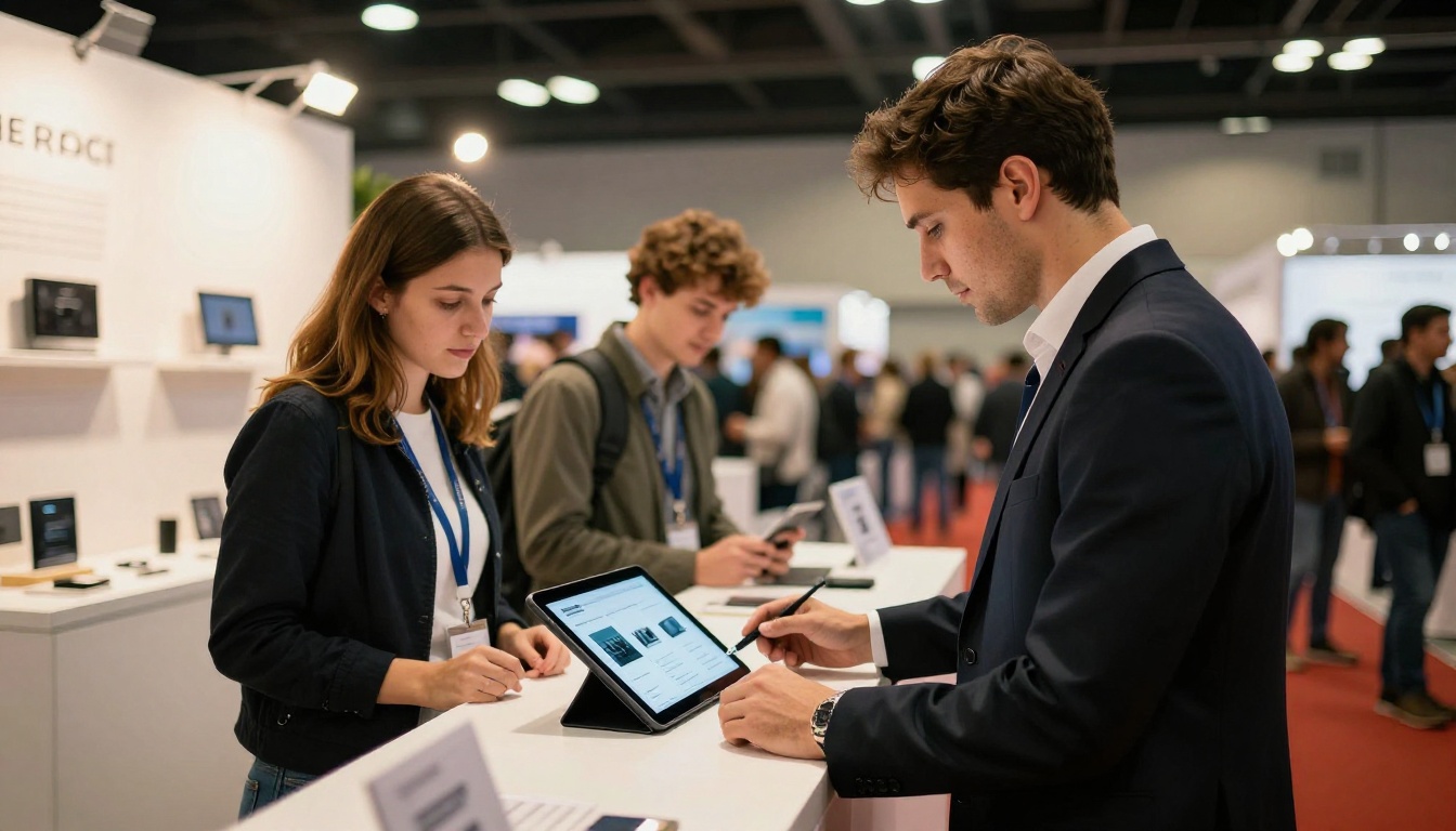 Sales representative showing a digital product catalog on a tablet at a trade show exhibition