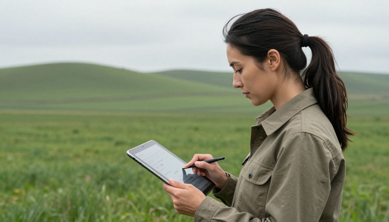 Woman in a remote countryside field reviewing a digital flipbook brochure on a tablet outdoors