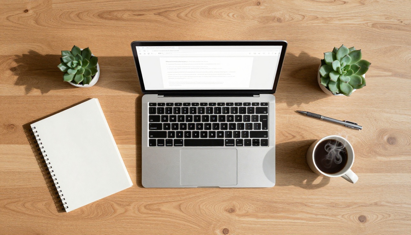 Aerial flat-lay view of a desk with a laptop open showing a flipbook creation interface surrounded by notebook and coffee