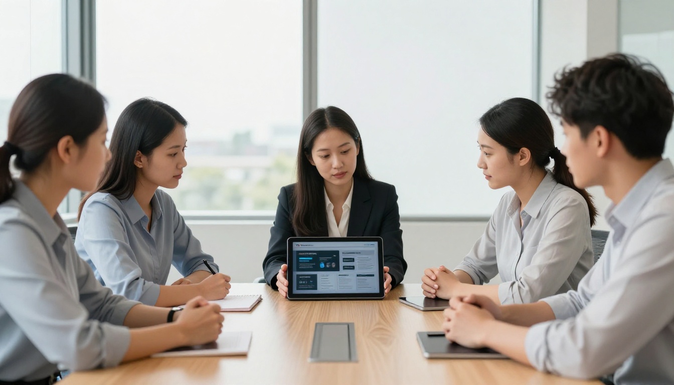 Team of mixed-gender professionals in a modern conference room reviewing a digital sales presentation on a tablet