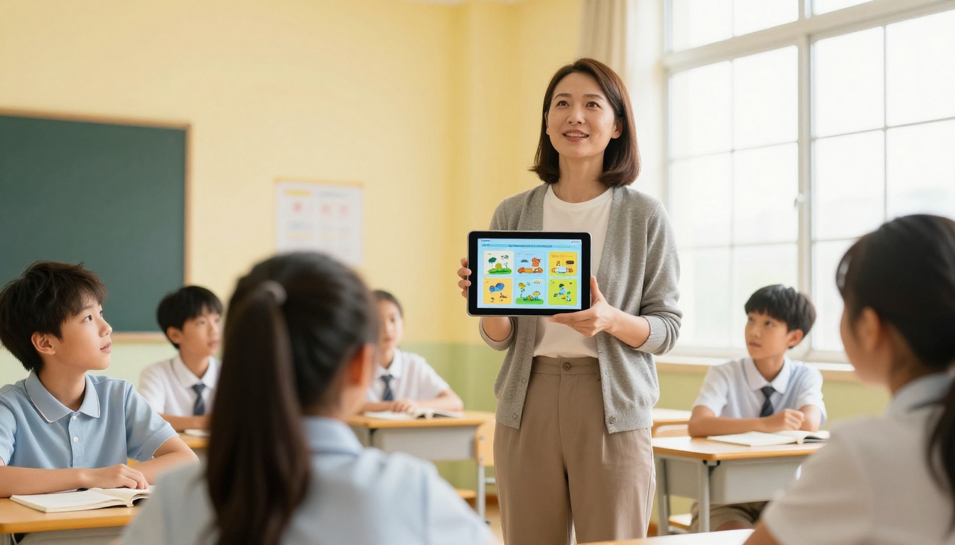 Female teacher at the front of a bright modern classroom holding a tablet showing a digital educational flipbook to students