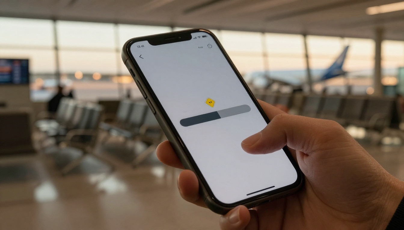 Close-up of a smartphone at an airport terminal showing a flipbook download completing before a flight