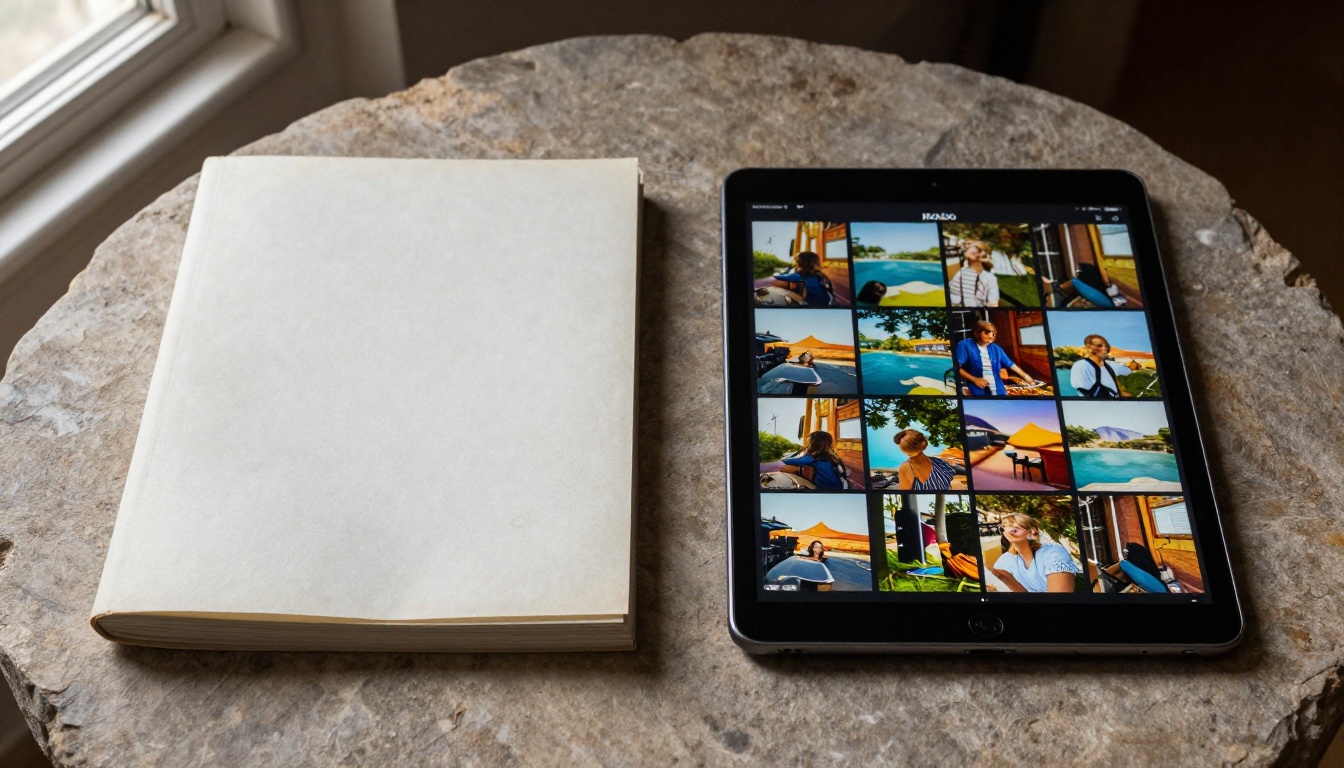 Side-by-side comparison of a thick printed paper catalog on the left and a tablet showing the same content as a crisp digital flipbook on the right