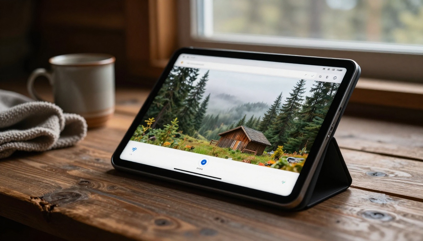 Tablet lying on a rustic wooden cabin table showing a digital flipbook open with dense pine forest visible through the window