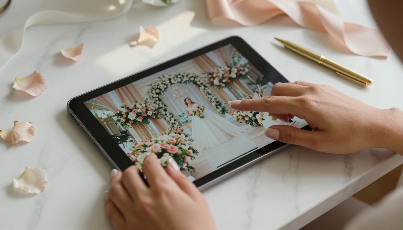 Wedding planner's hands swiping through a digital flipbook on a marble desk
