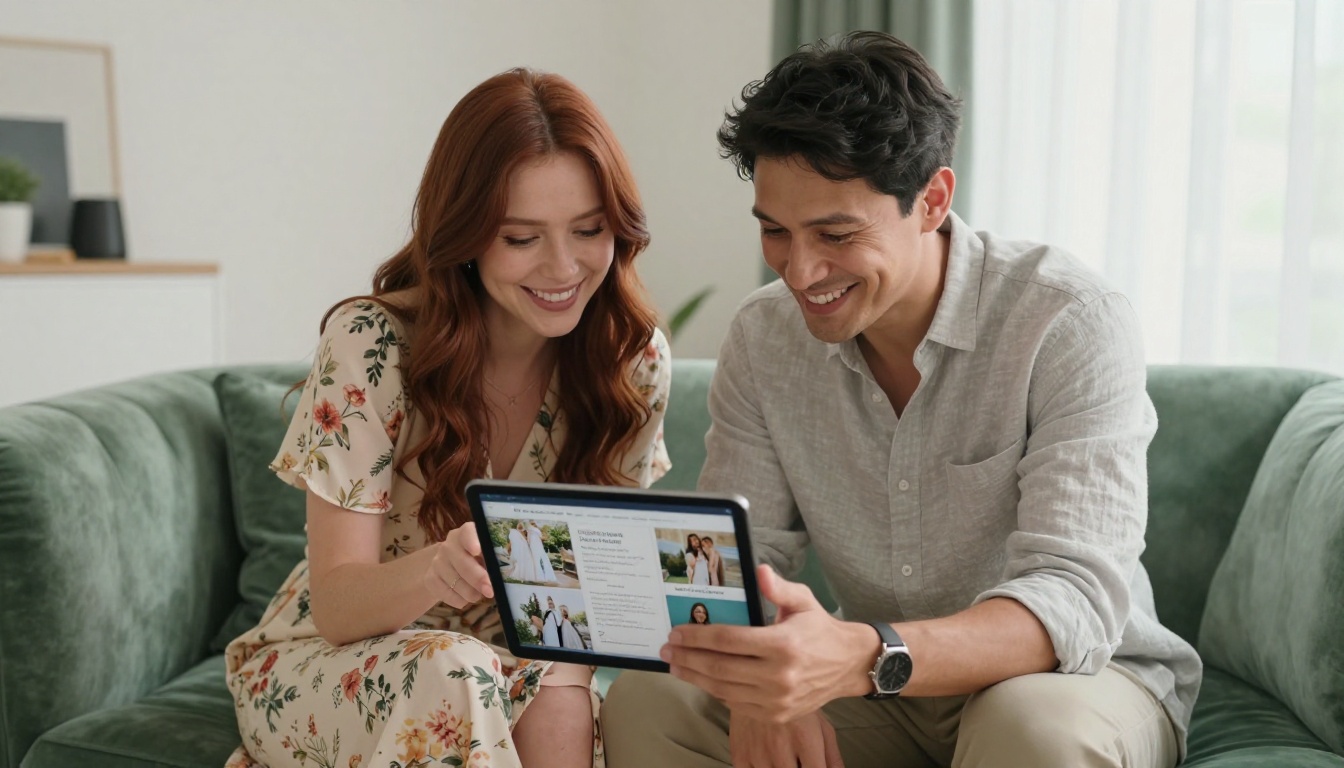 Couple on sage velvet sofa reviewing a digital wedding flipbook on a tablet