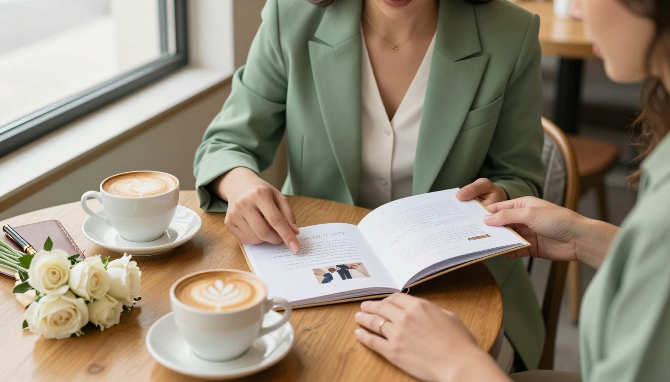 Wedding planner in moss-green blazer presenting portfolio booklet to couple at a cafe