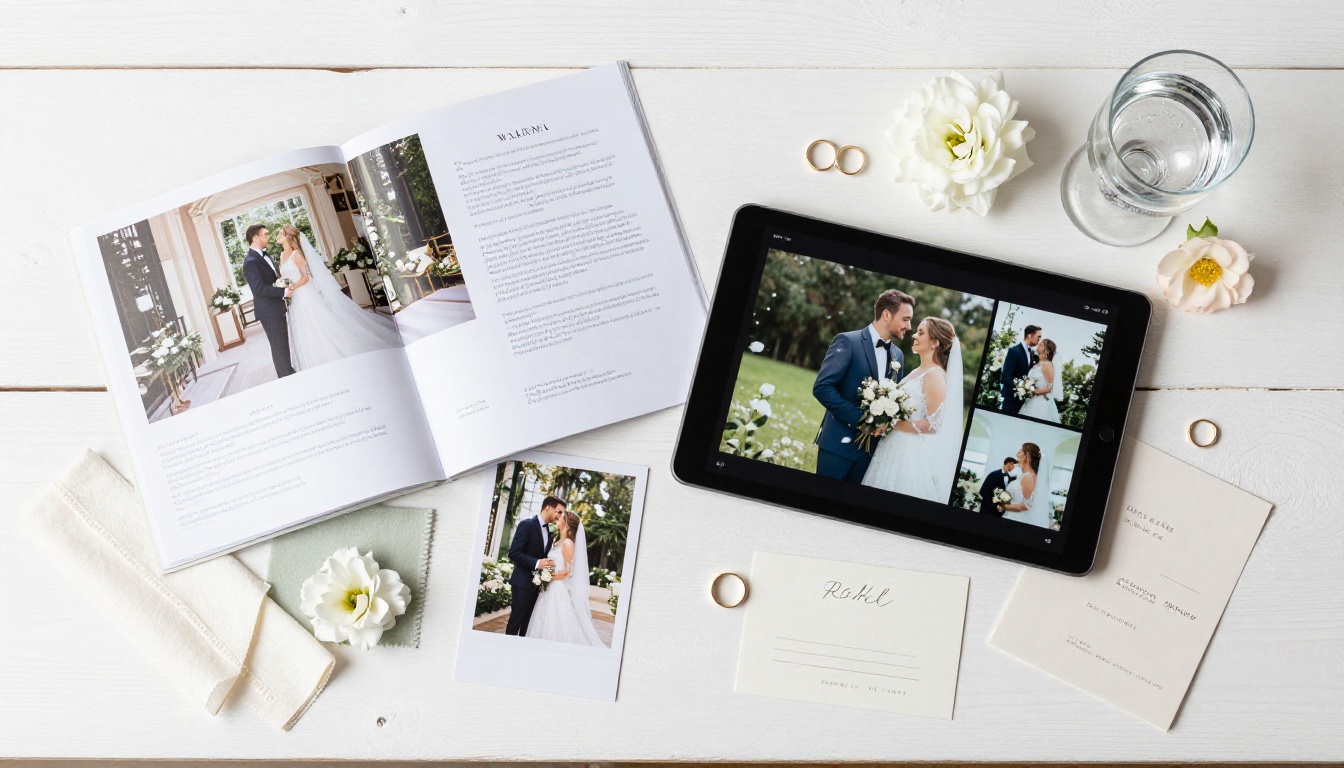 Flat-lay overhead shot of a wedding planning desk with brochures, tablet, and floral samples