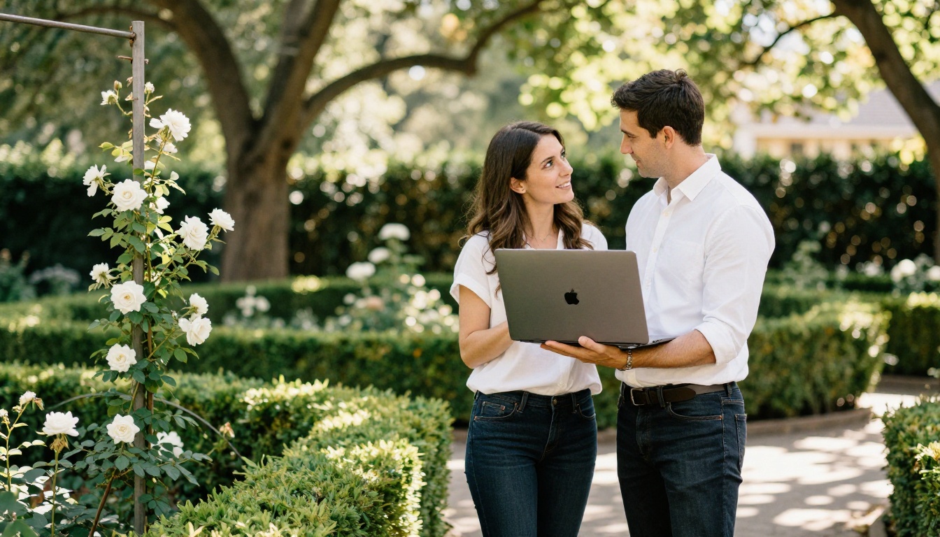 Wedding photographer showing digital portfolio on a laptop to a couple in a garden