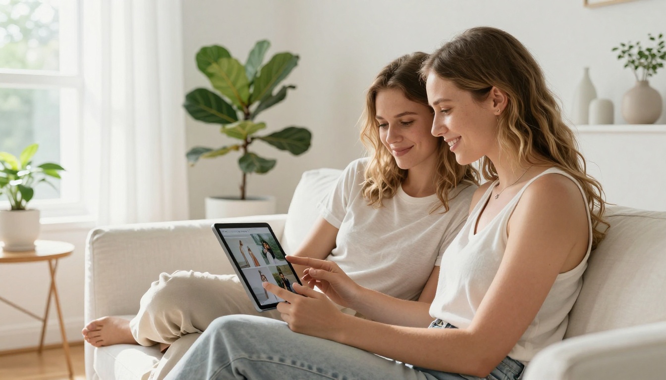Couple on a white linen loveseat scrolling through a digital wedding album together