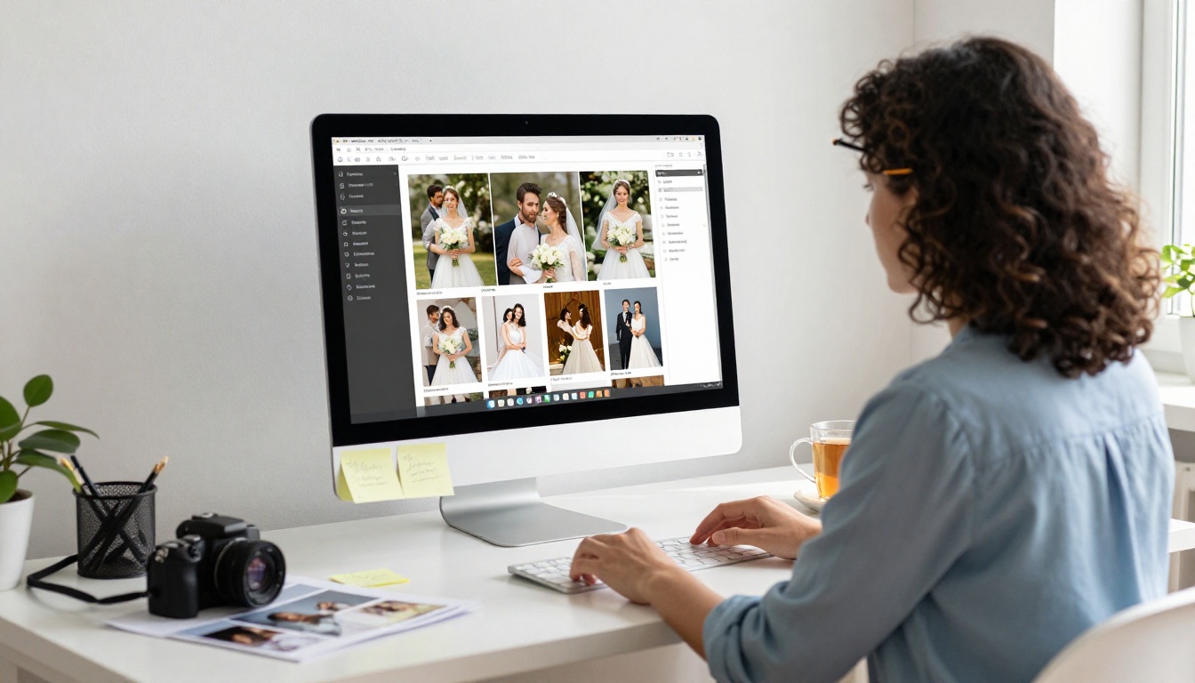 Wedding planner at a standing desk creating a flipbook design on a large iMac screen
