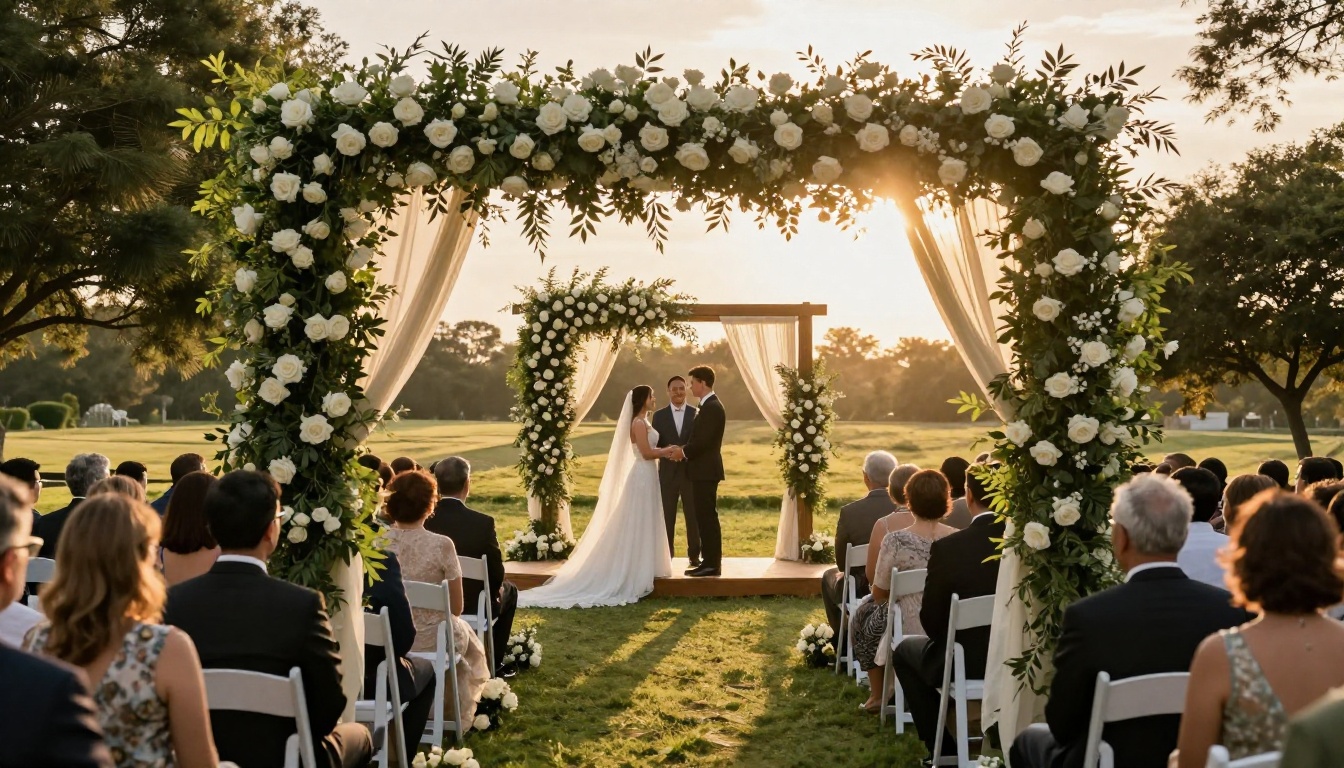 Elegant outdoor wedding ceremony at golden hour with a floral arch framing the couple
