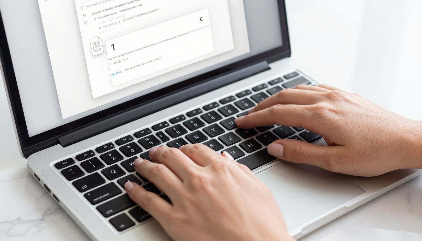 Close-up of hands uploading a PDF document to a browser drag-and-drop zone on a silver MacBook laptop on a marble desk