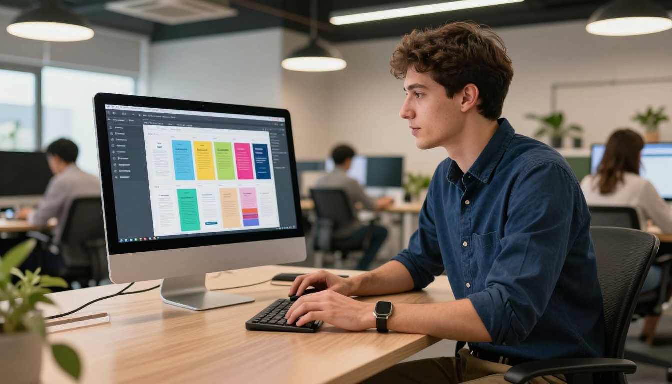 Marketing professional browsing colorful brochure templates on a large iMac display in a modern open-plan office