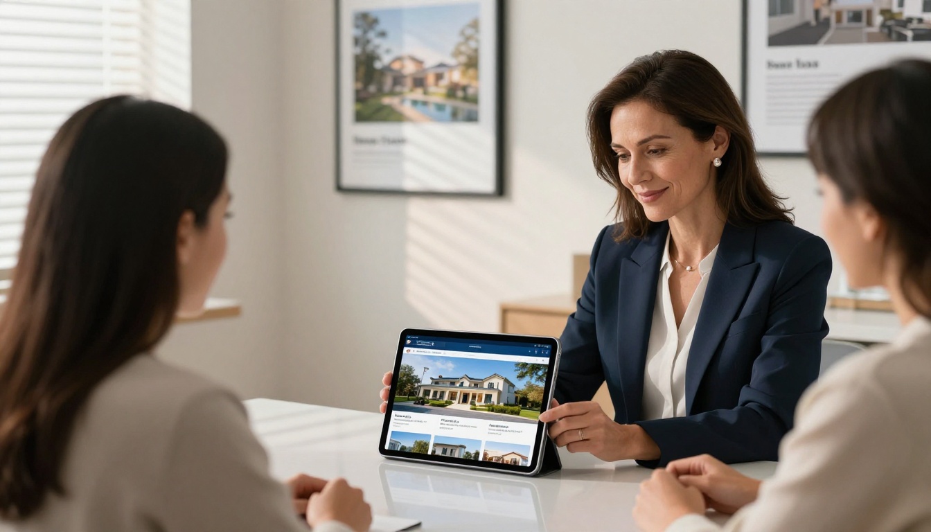 Real estate agent presenting a digital property brochure on an iPad Pro to clients at a polished conference table