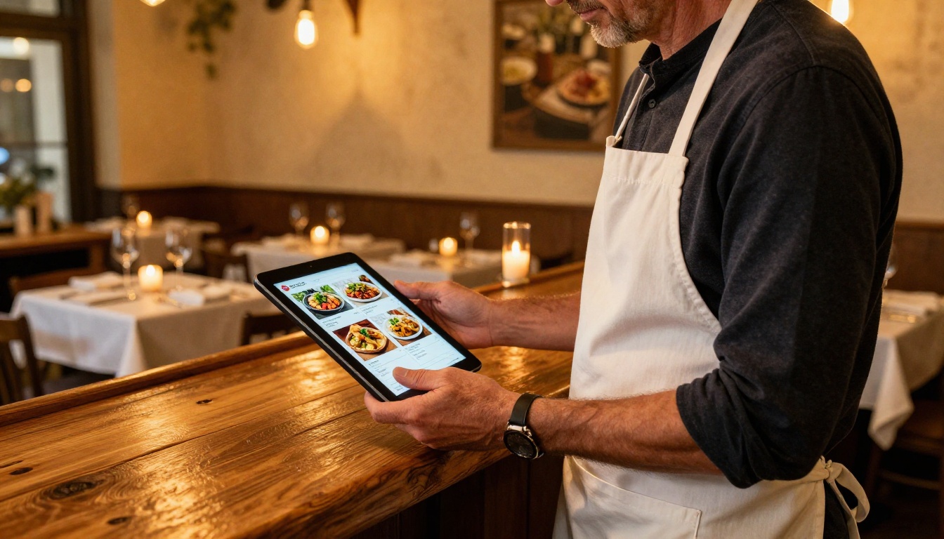 Restaurant owner holding tablet displaying an interactive menu flipbook with food photography, standing in a warmly lit rustic bar