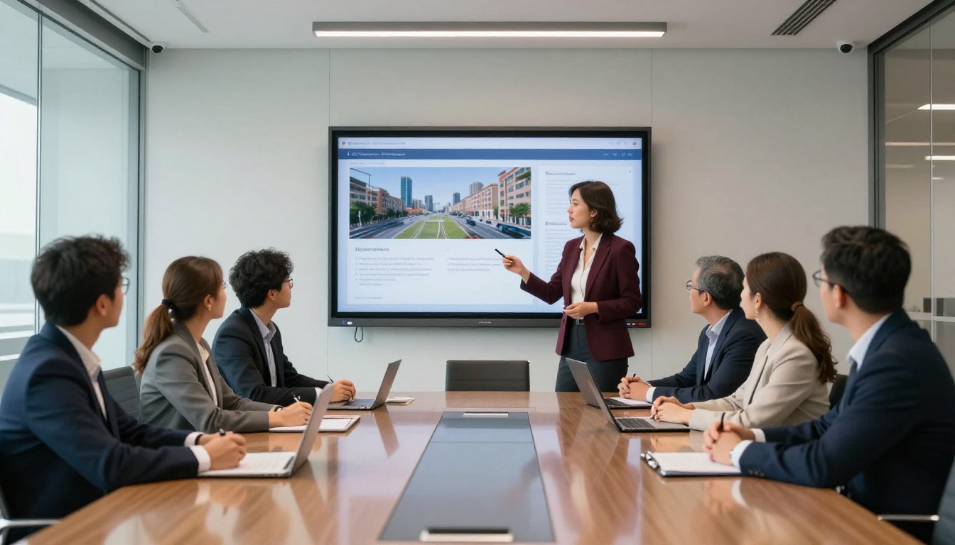 Diverse corporate team of four professionals in a modern boardroom looking at a flipbook brochure presentation on a large wall-mounted screen