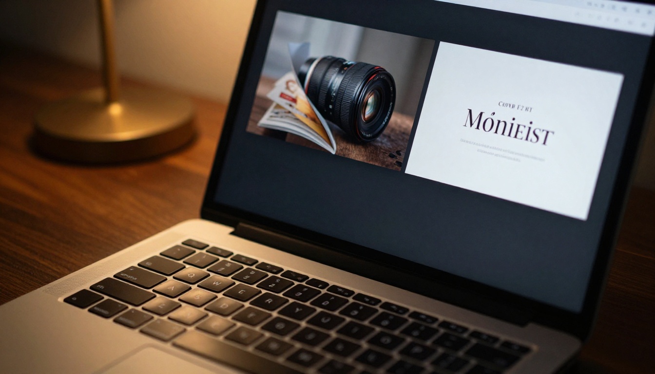 Interactive digital brochure mid-page-turn animation visible on a laptop screen, warm dramatic side lighting on a dark walnut desk