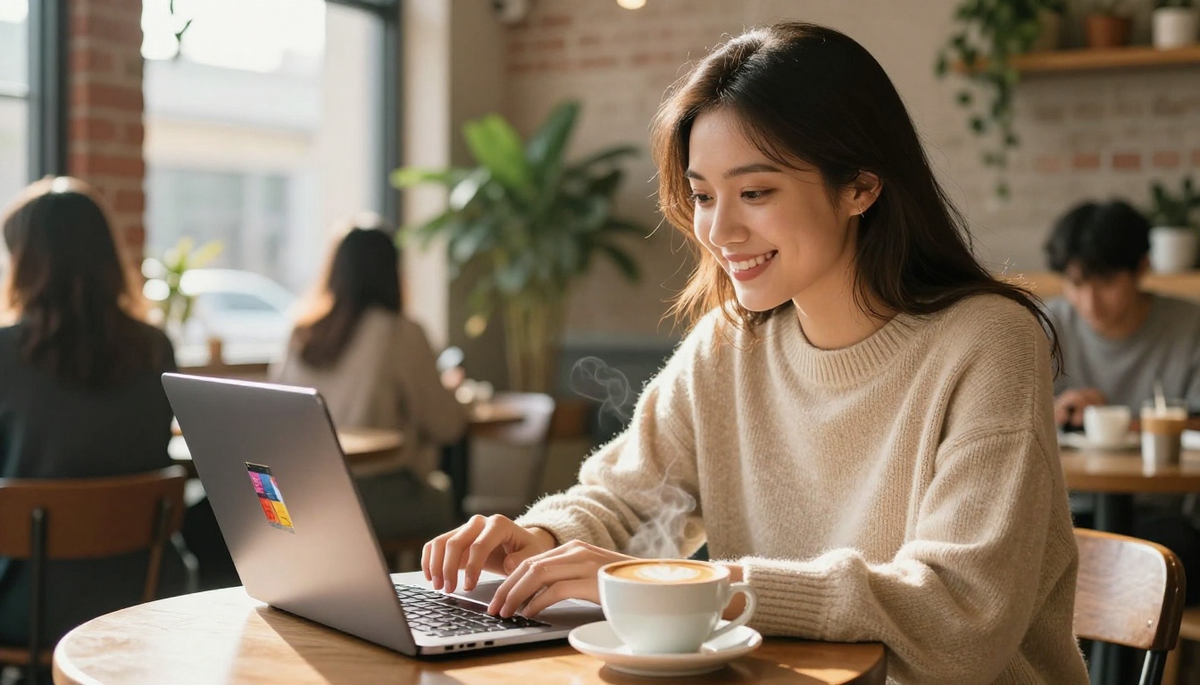 Young female small business owner smiling at her MacBook with brochure design interface open, sitting in a bright airy cafe with warm morning light