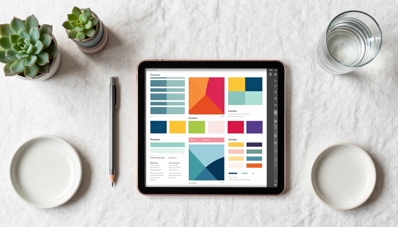 Aerial flat-lay of a creative designer's workspace with a rose gold iPad showing a colorful brochure spread, surrounded by Pantone color swatches and design tools on a linen desk surface