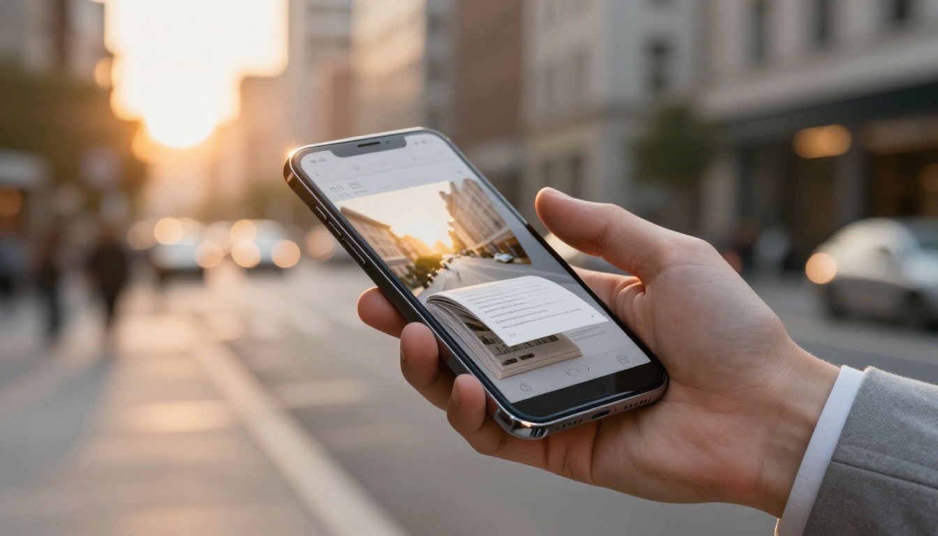 Hand in a light grey suit holding a modern smartphone displaying a flipbook brochure page-flip animation, warm golden hour urban street background