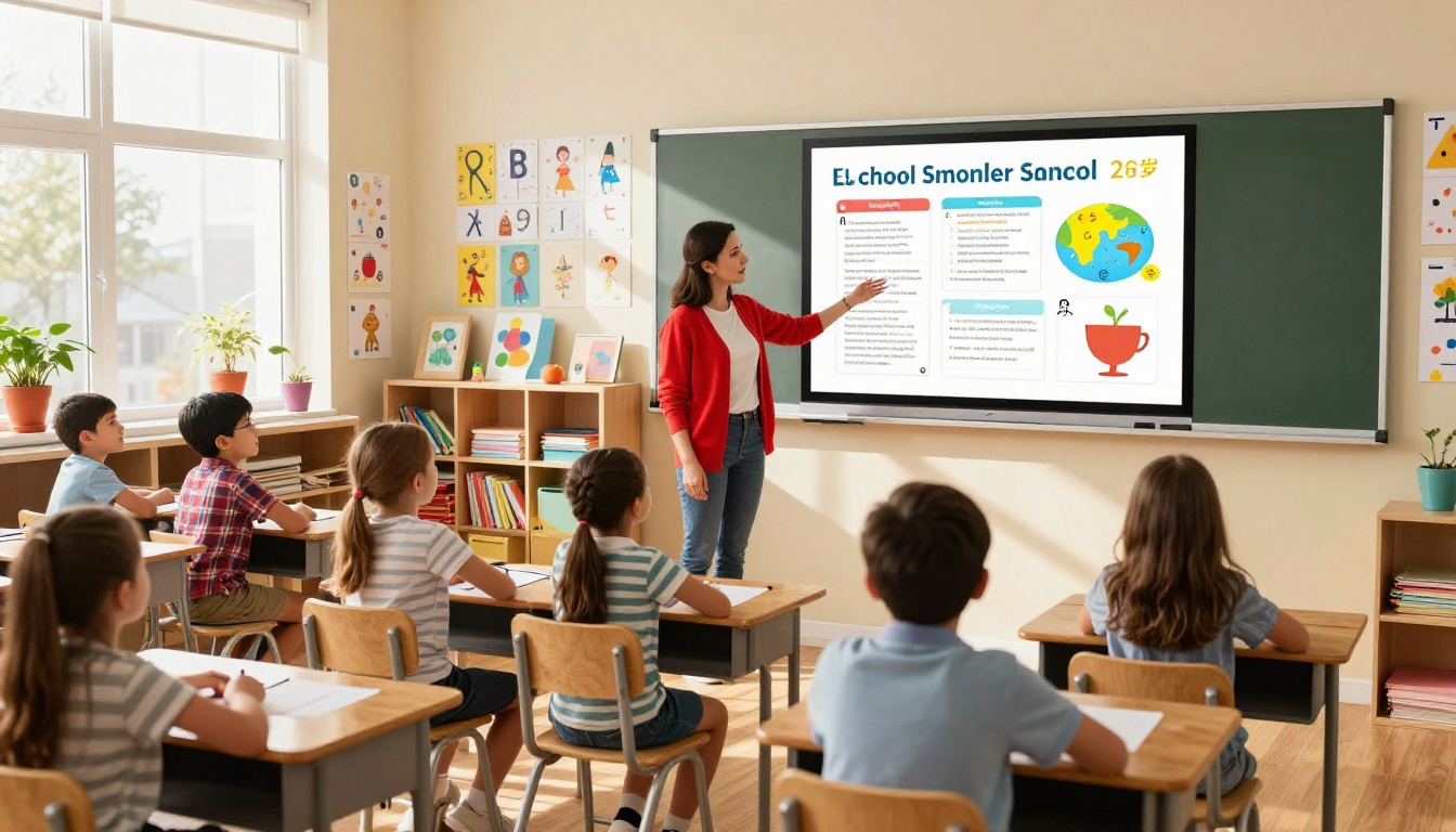 Elementary school classroom with female teacher at interactive whiteboard showing colorful school newsletter flipbook while students look on attentively, morning sunlight Elementary school classroom with female teacher at interactive whiteboard showing colorful school newsletter flipbook while students look on attentively, morning sunlight