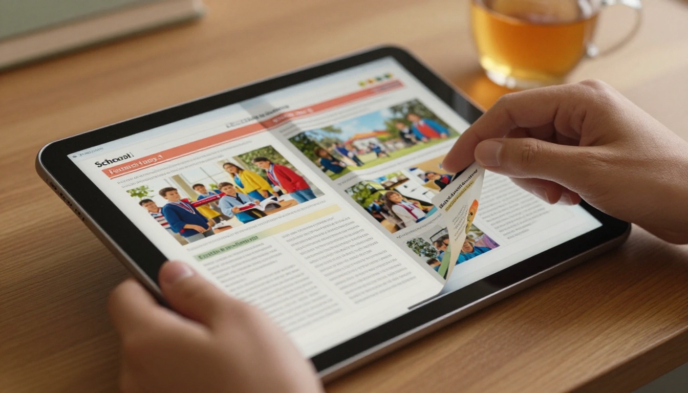 Close-up macro shot of two hands turning a digital page on a large tablet screen displaying a school newsletter flipbook with realistic page-curl effect, golden afternoon light Close-up macro shot of two hands turning a digital page on a large tablet screen displaying a school newsletter flipbook with realistic page-curl effect, golden afternoon light