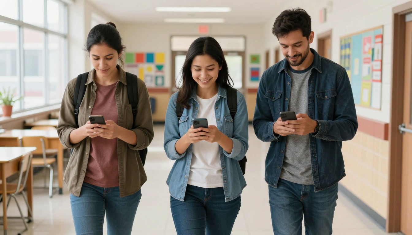 Group of three parents in a bright school hallway engaged with smartphones reading digital school newsletters, natural daylight, candid Group of three parents in a bright school hallway engaged with smartphones reading digital school newsletters, natural daylight, candid