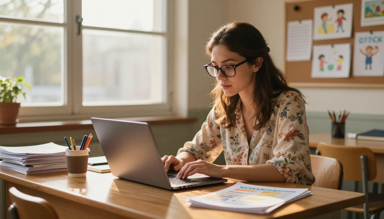 Female teacher working at laptop designing school newsletter at a sunlit wooden classroom desk after school hours with warm golden light Female teacher working at laptop designing school newsletter at a sunlit wooden classroom desk after school hours with warm golden light