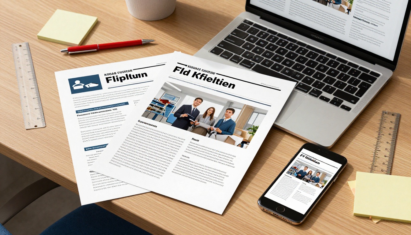 Overhead flat-lay of printed school newsletter beside laptop and smartphone both displaying the digital flipbook version on a wooden desk Overhead flat-lay of printed school newsletter beside laptop and smartphone both displaying the digital flipbook version on a wooden desk